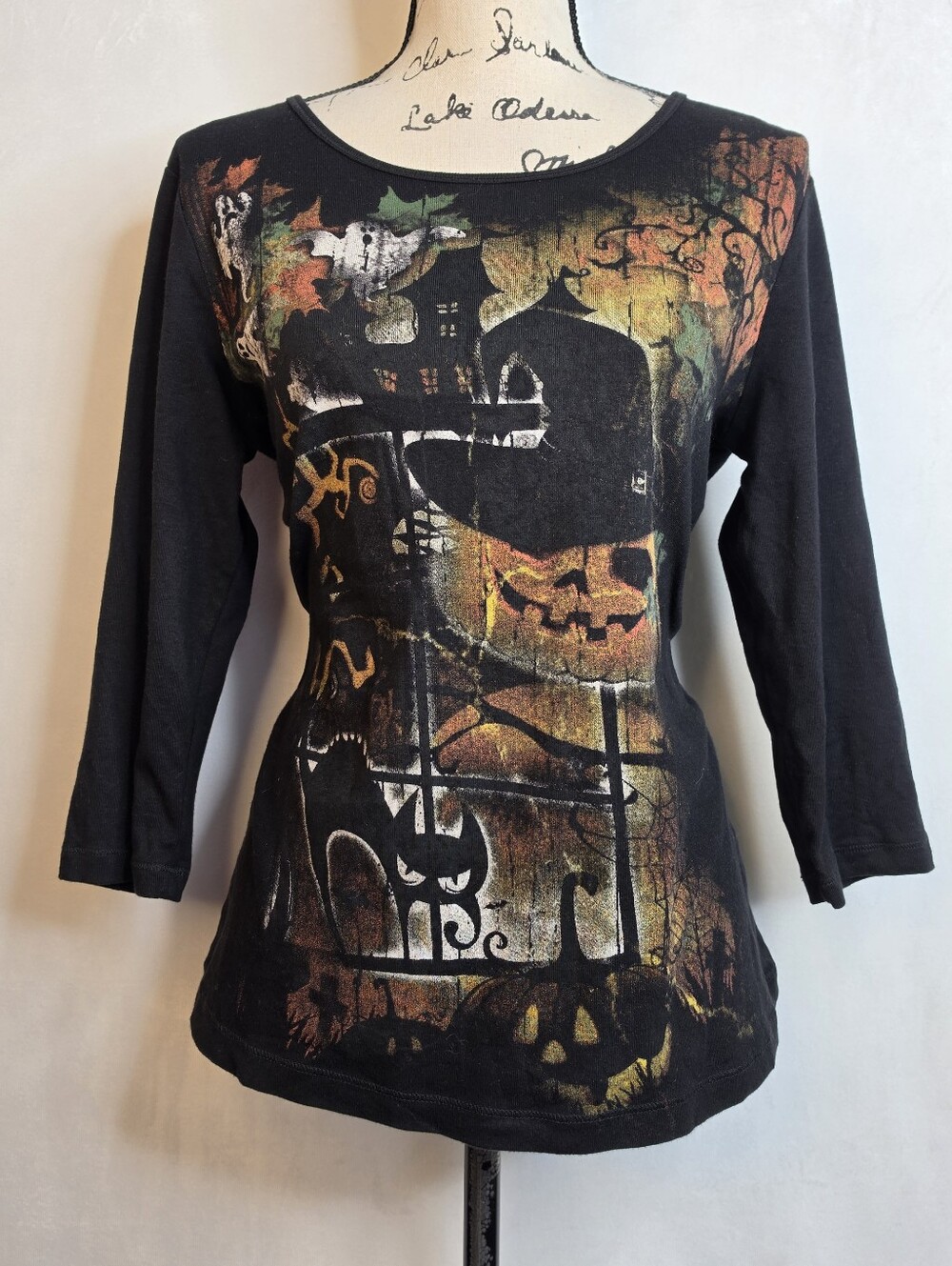 Christopher & Banks Black Halloween Graphic 3/4th Sleeve Tee Sz M Y2k Grunge
